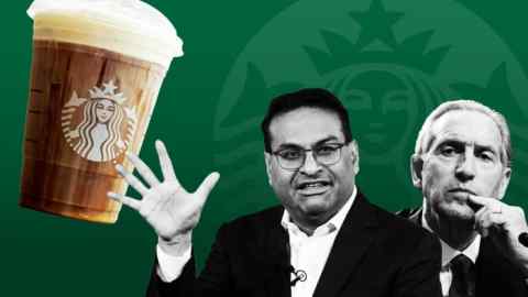 An illustration of Laxman Narasimhan, Howard Schultz and a Starbucks coffee cup in front of a Starbucks logo