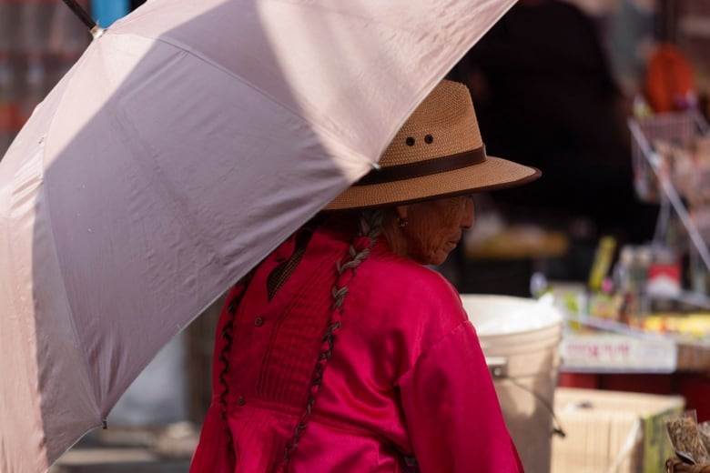 A woman covers herself with an umbrella during the heat wave in Mexico City in March.