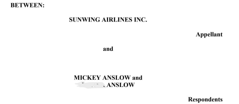 The front page of a court document show Sunwing has launched a legal challenge against the Anslows. 