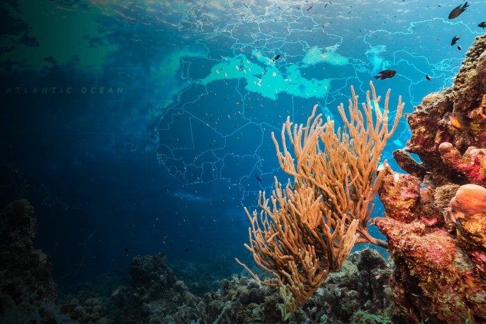 Montage image of the sea bed and a map with the Atlantic Ocean on it 