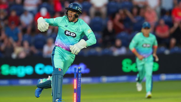 Sam Billings of Oval Invincibles celebrates the wicket of Luke Wells 