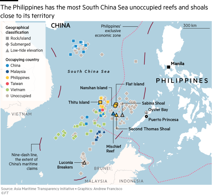 Map showing Philippines has most South China Sea unoccupied reefs and shoals close to its territory