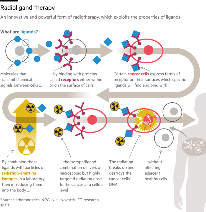 Diagram explaining the basic process of radioligand cancer therapy