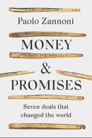 Book cover of ‘Money and Promises’ by Paolo Zannoni. It features tally sticks placed horizontally