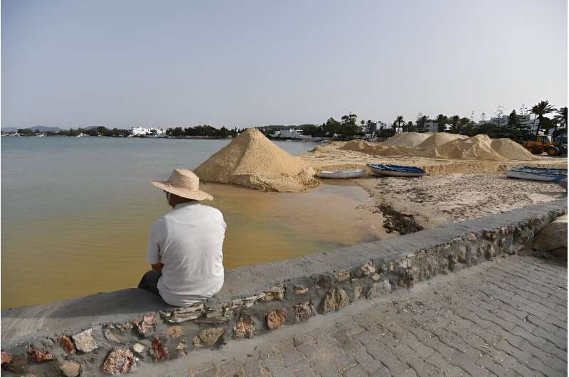 A man looks on as a digger spreads sand on a beach in the tourist town of Hammamet as authorities fight to protect the coast from rising sea levels and erosion