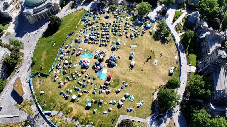 Aerial (drone) images of the Pro-Palestinian protest encampment at University of Toronto's King's College Circle on Friday, May 31.