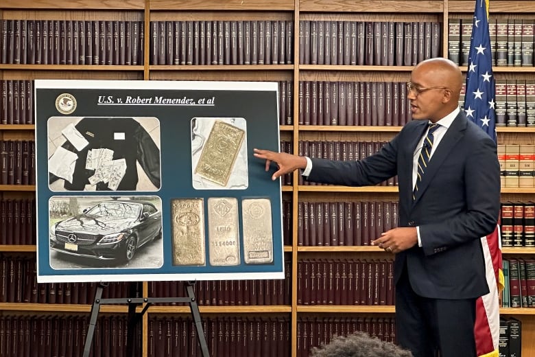 A person gestures at a photo display featuring images of cash, gold and a car.