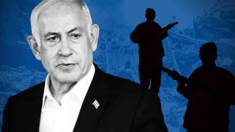 Netanyahu and generic shadowy gunmen. Background Gaza City’s eastern suburb of Shejaiya following Israeli bombardment on June 22, 2024