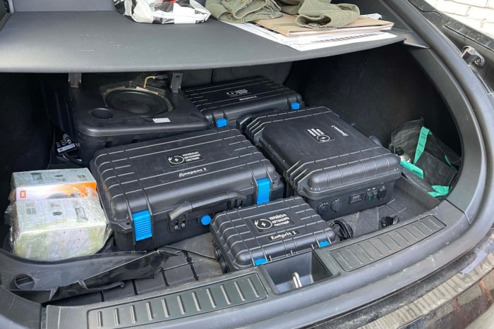 A mobile power system created by Ukrainian Autonomous Systems out of an old Tesla car