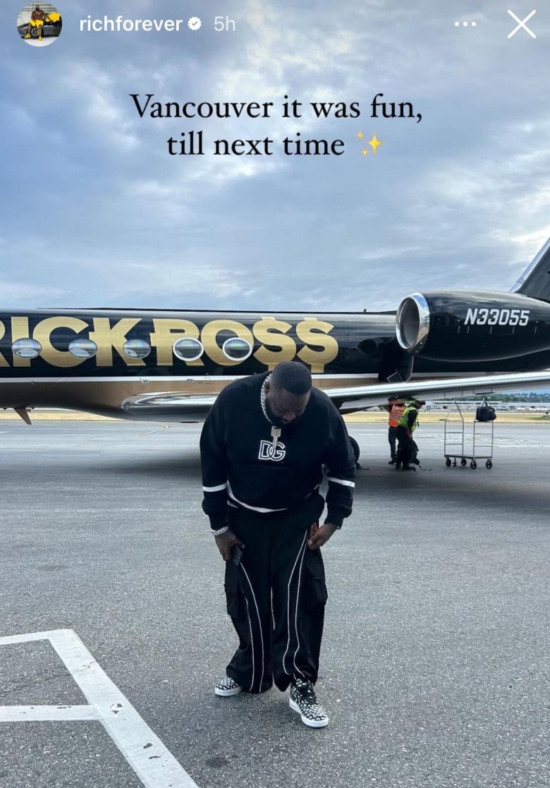 A man poses next to a private jet marked 'Rick Ross', with a caption reading 'Vancouver it was fun, till next time'.