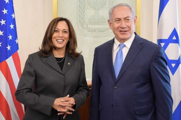 Kamala Harris, left, hosted by Prime Minister Benjamin Netanyahhu