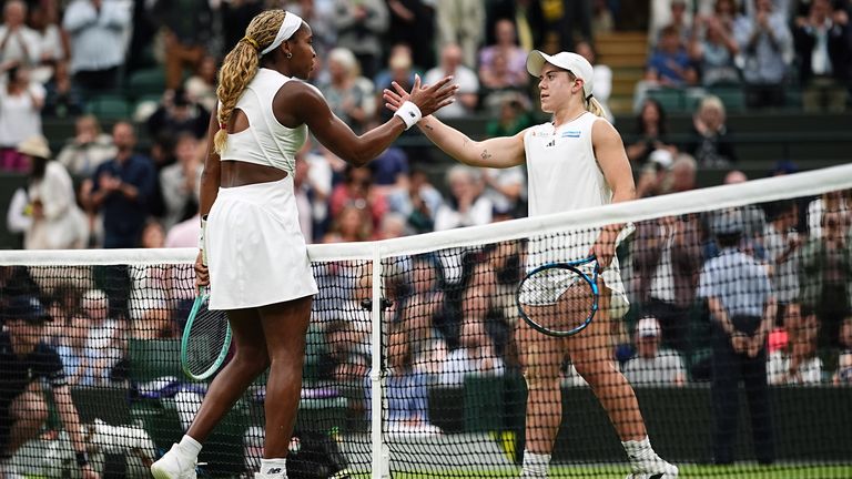 Coco Gauff with Sonay Kartal following her victory on day five of the 2024 Wimbledon Championships at the All England Lawn Tennis and Croquet Club, London. Picture date: Friday July 5, 2024.