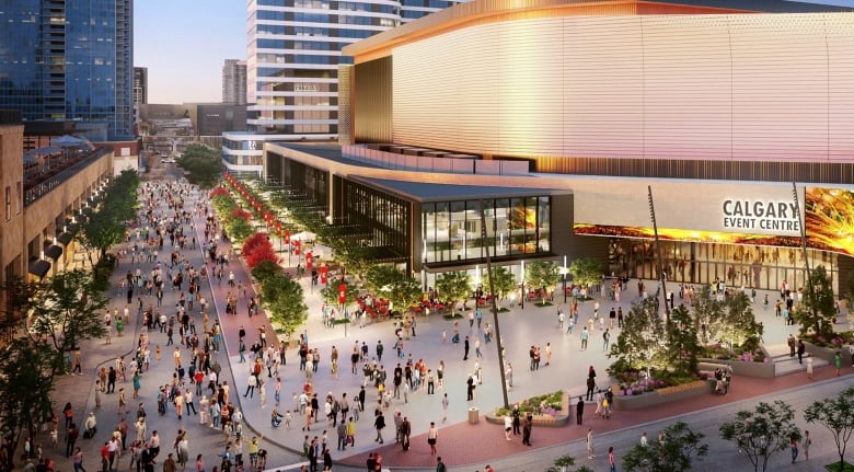 A rendering of people milling around a street near a pro hockey venue.