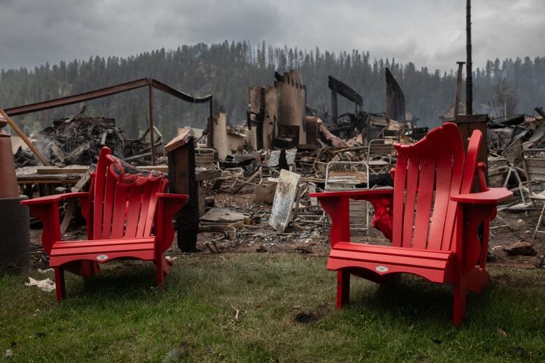 Two melted red chairs in front of a destroyed building.