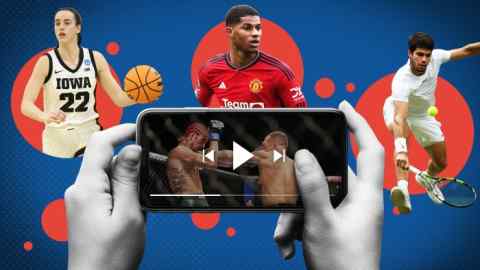 Montage of images of basketball player Caitlin Clark, footballer Marcus Rashford and tennis player Carlos Alcaraz with a pair of hands in the foreground holding up a smartphone with a UFC fight playing on the screen