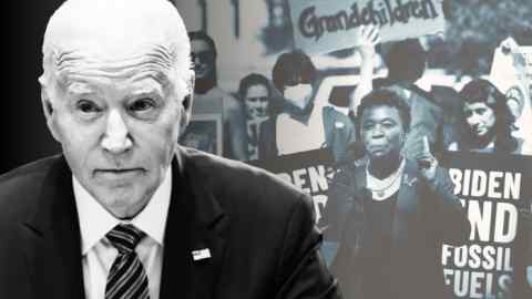 A montage of photographs with President Joe Biden depicted in the foreground with a serious expression, while in the background, Rep Barbara Lee of California speaks into a microphone during a protest calling for the end of fossil fuels