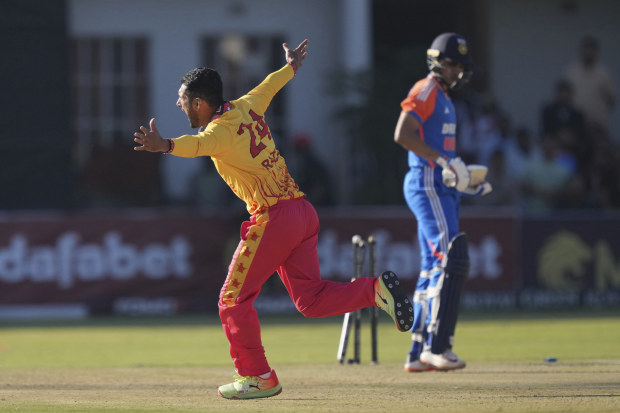 Zimbabwe's Sikandar Raza celebrates a wicket during the T20 cricket match against India at Harare Sports club, Saturday, July 6, 2024. (AP Photo/Tsvangirayi Mukwazhi)