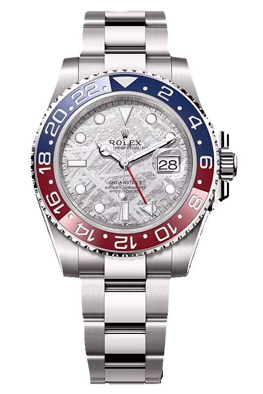 A Rolex GMT-Master II watch featuring a unique meteorite dial, encased in stainless steel with a two-tone red and blue ceramic bezel