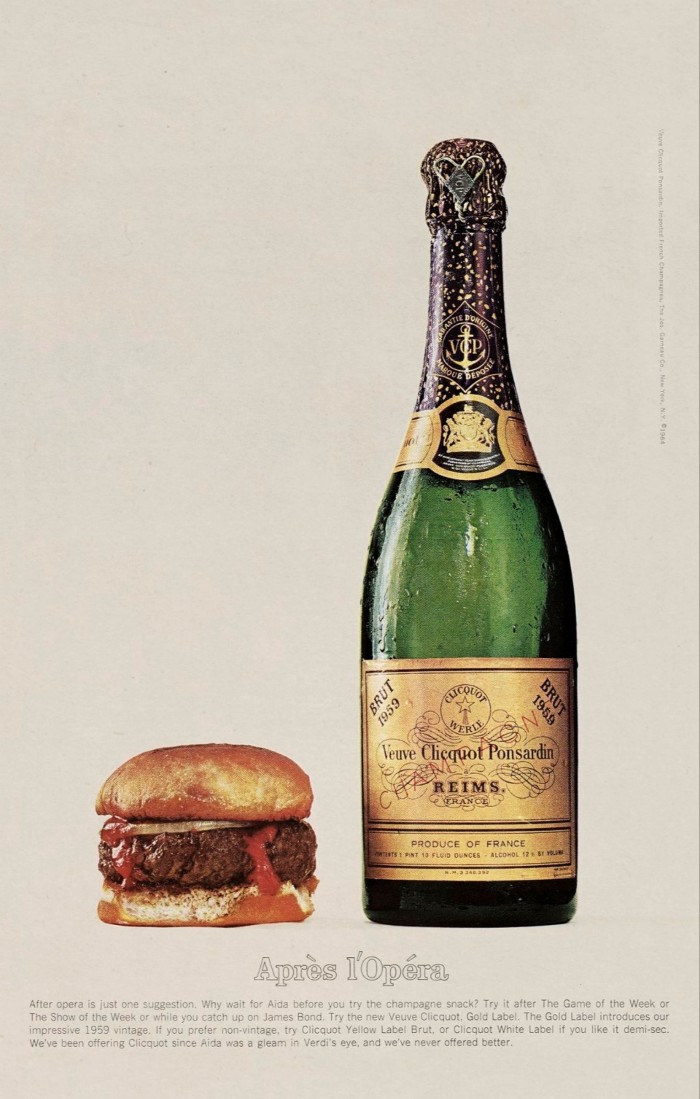 The Veuve Clicquot advert that appeared in magazines like the New Yorker picturing a bottle of champagne with a hamburger