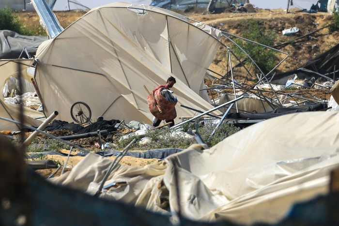 Destroyed tents in the Al-Mawasi humanitarian ‘safe zone’ after an Israeli raid in June