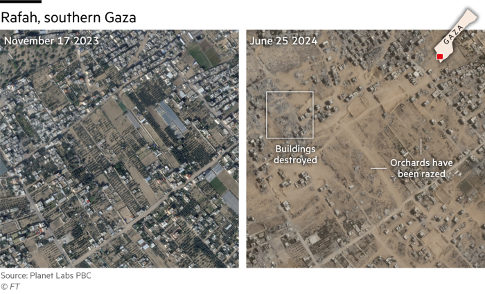 Satellite images from Planet Labs PBC showing Rafah in Gaza from November 17 2023 and June 25 2024