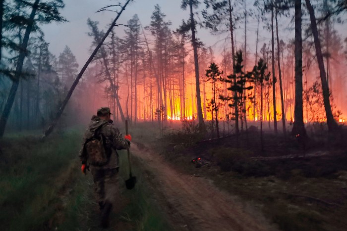 A volunteer prepares to tackle a forest fire in Sakha, Russia, earlier in July