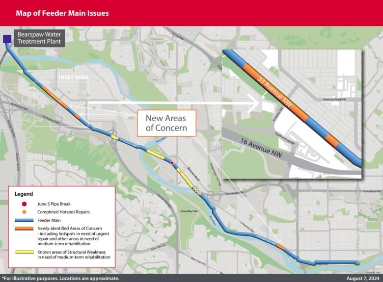 A map of a portion of Calgary highlighting various locations in which repairs to its water system is needed.