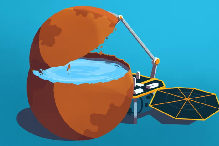 Andy Carter illustration of a NASA lander opening Mars to see under the surface, discovering a large amount of liquid water.