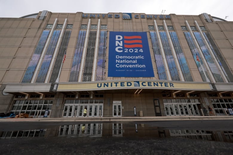 Workers prepare Chicago's United Center for the start of the upcoming Democratic National Convention. The convention runs from August 19-22.