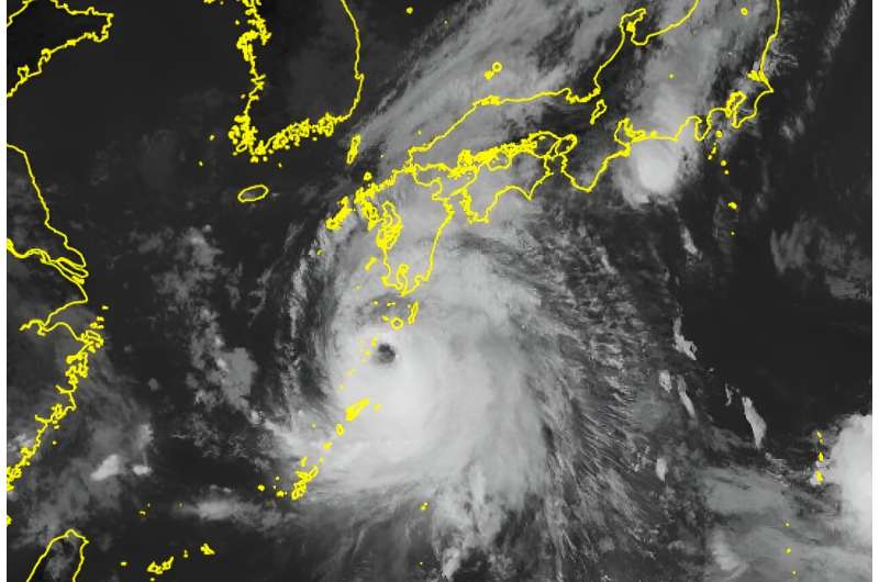 A Japan Meteorological Agency satellite photo shows typhoon Shanshan moving closer to Kyushu island