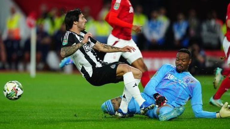 Sandro Tonali is denied by Nottingham Forest goalkeeper Carlos Miguel.