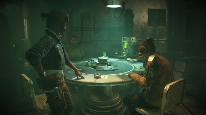 Video game screenshot of humans and Star Wars aliens sitting around a poker-like gambling table.