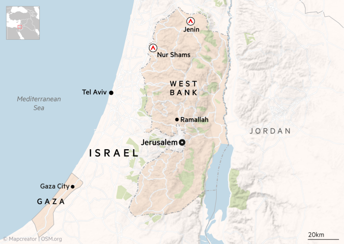 A map showing the location of Nur SHams and Jenin camps