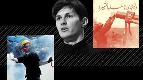 Montage of images of Pavel Durov, a Hong Kond protester with an umbrella and a screen shot from a Hamas channel