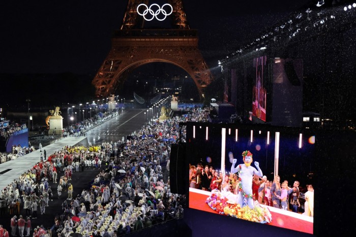 The controversial tableau on screen during the opening ceremony along the Seine