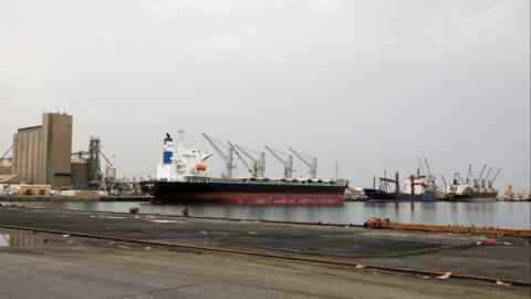 Ships docked at the Red Sea port of Hodeidah in Yemen