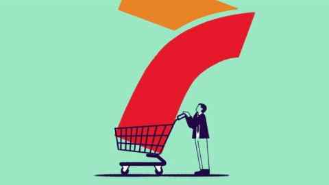 María Hergueta illustration of a shopper carrying in a shopping trolley the logo sign of 7-Eleven.