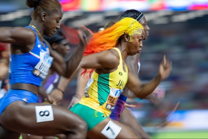 Shelly-Ann Fraser-Pryce competes in the women’s 100-metre semi-final of the World Athletics Championships in 2023