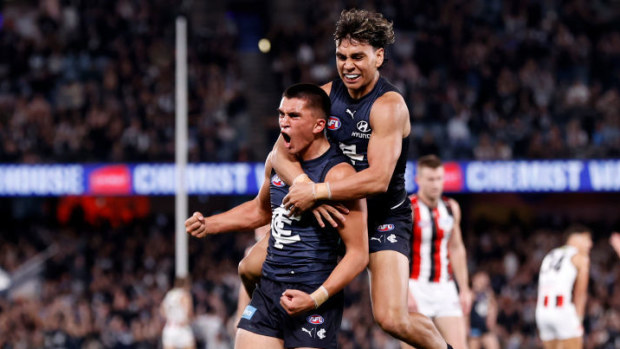 Ashton Moir of the Blues celebrates a goal  during the round 24 AFL match between Carlton Blues and St Kilda Saints.