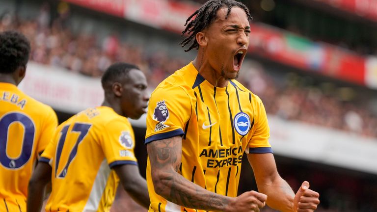 Brighton's Joao Pedro celebrates after scoring his side's equaliser (AP Photo/Alastair Grant)