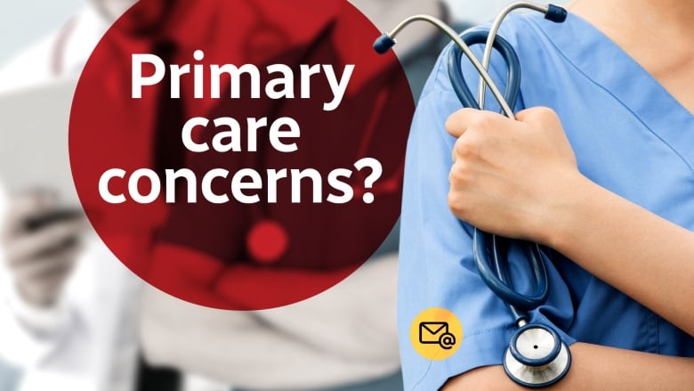 A graphic of a health care worker holding a stethescope, with the words "Primary care concerns?" written on it.