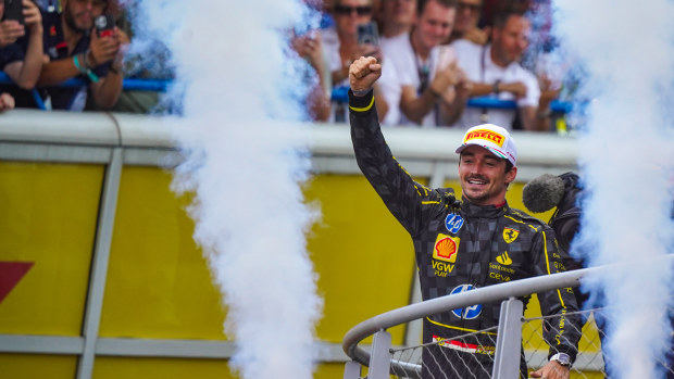 Charles Leclerc celebrates the win of the race during the Race of the Formula 1 Pirelli Gran Premio d'Italia 2024 in Monza, Italy, on September 1, 2024. (Photo by Luca Rossini/NurPhoto via Getty Images)