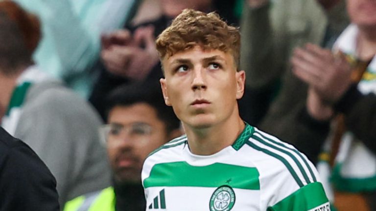 GLASGOW, SCOTLAND - SEPTEMBER 01: Celtic's Arne Engels comes on to make his debut during a William Hill Premiership match between Celtic and Rangers at Celtic Park, on September 01, 2024, in Glasgow, Scotland. (Photo by Ross MacDonald / SNS Group)