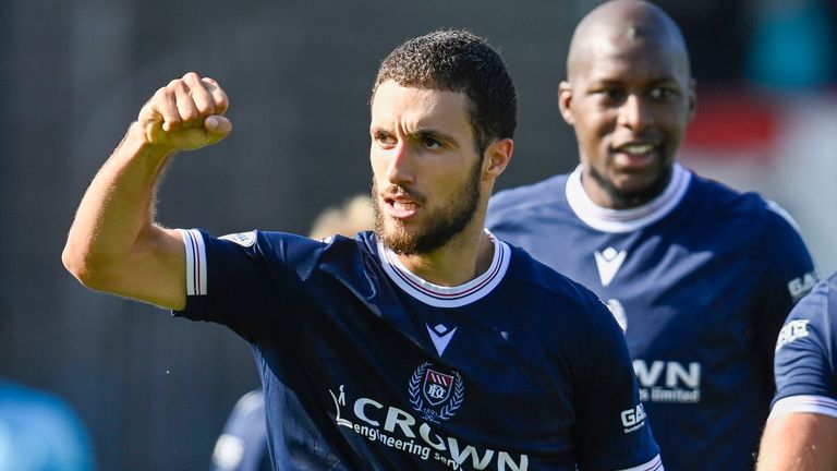 DUNDEE, SCOTLAND - AUGUST 31: Dundee's Ziyad Larkeche celebrates after scoring to make it 2-2 during a William Hill Premiership match between Dundee and St Mirren at the Scot Foam Stadium at Dens Park, on August 31, 2024, in Dundee, Scotland. (Photo by Rob Casey / SNS Group)