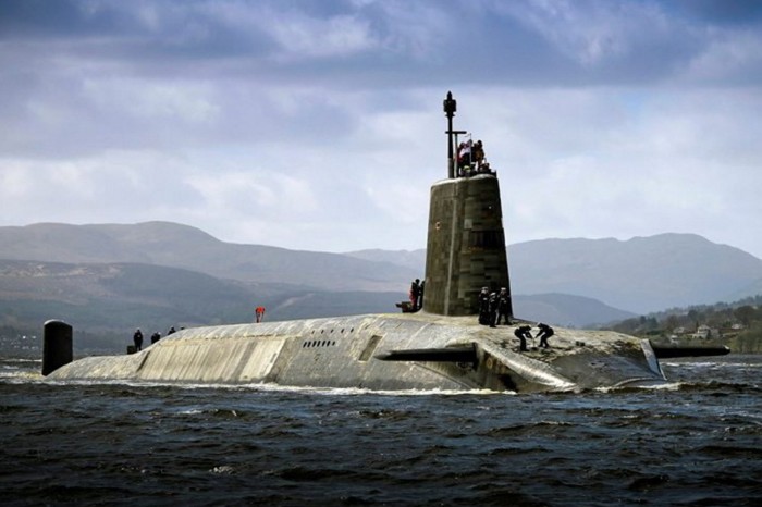 Royal Navy Vanguard Class submarine HMS Vigilant off the Clyde 