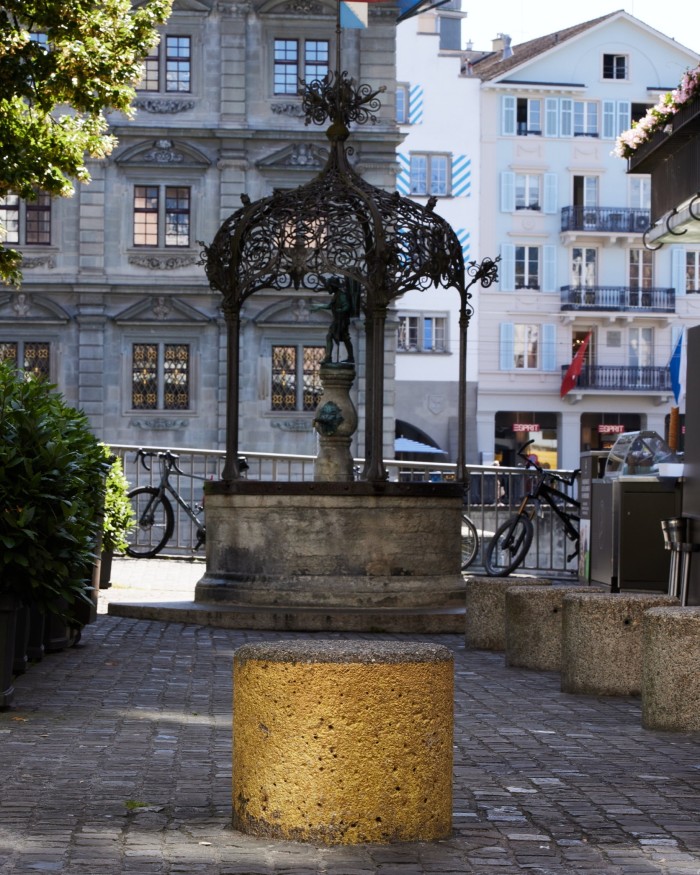 A bollard painted gold by artist and Yello frontman Dieter Meier as part of his citywide 2008 installation ‘Le Rien en Or’