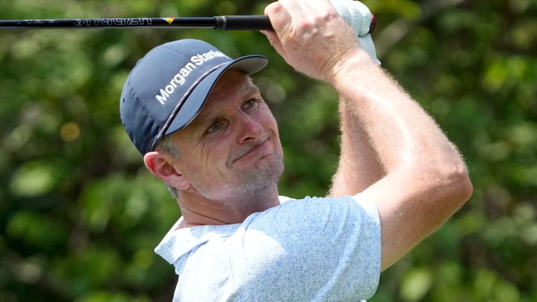 Justin Rose, of England, drives from the 18th tee during the first round of the St. Jude Championship golf tournament Thursday, Aug. 15, 2024, in Memphis, Tenn. (AP Photo/Mark Humphrey)