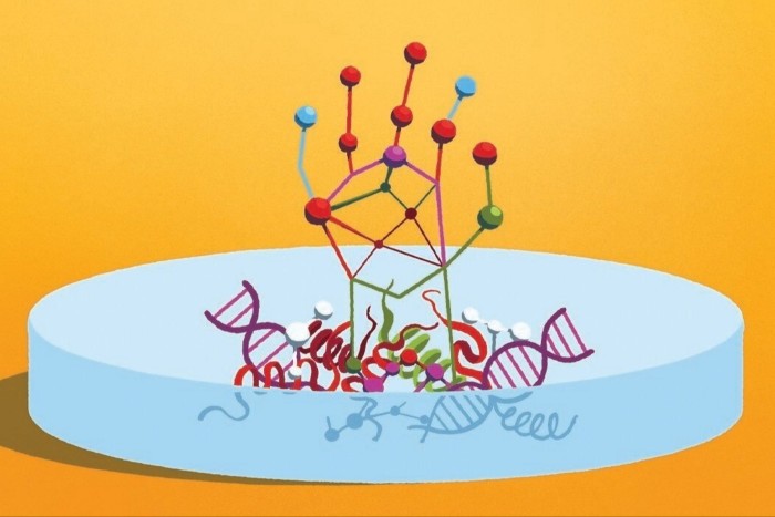 Illustration of a zombie hand made of molecules reaching out from a petri dish filled with molecules, proteins and DNA