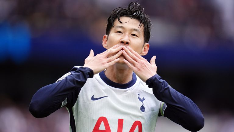 Heung-Min Son celebrates after capitalising on a Jordan Pickford error to double Spurs' lead over Everton