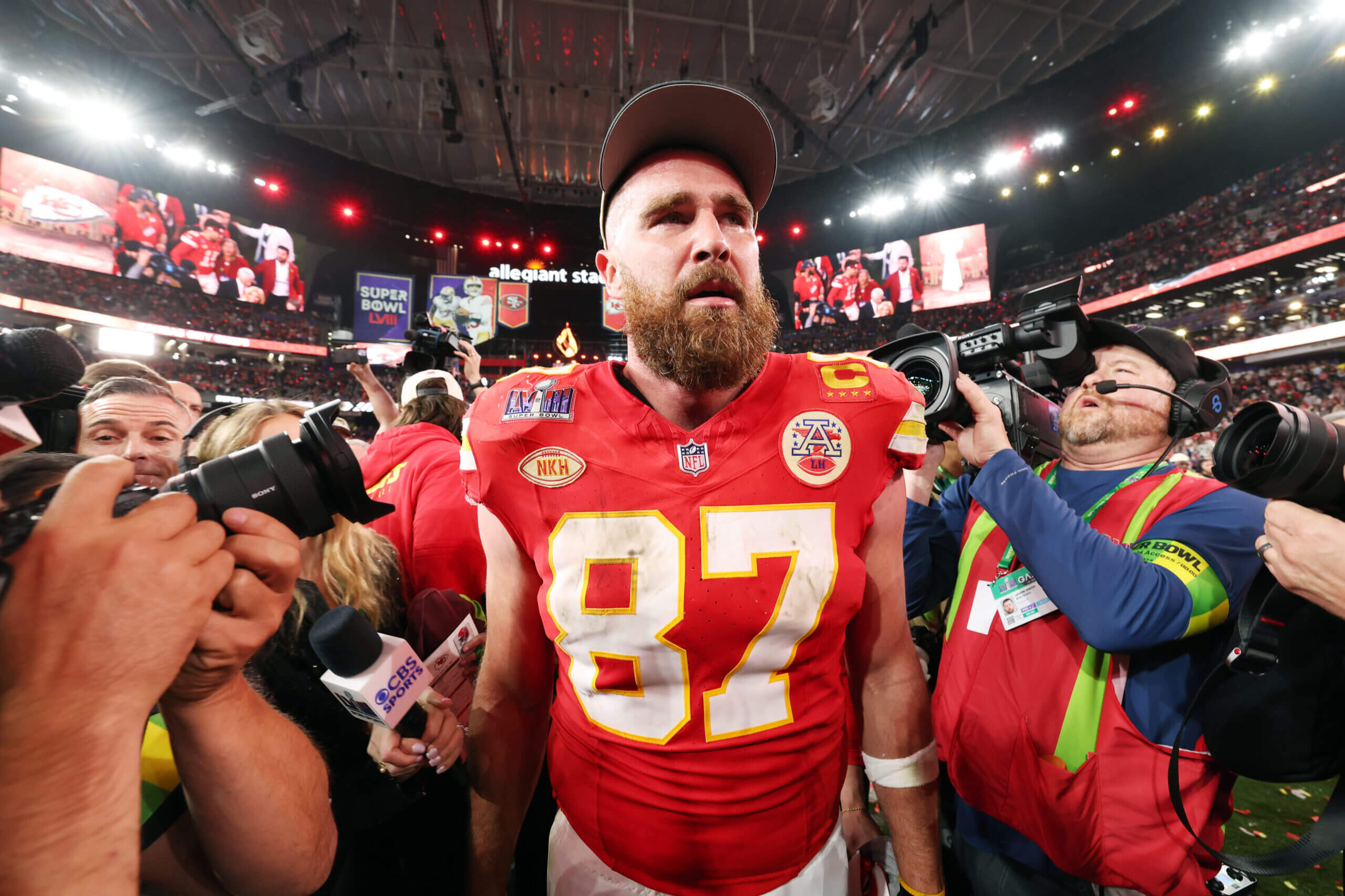 Travis Kelce of the Kansas City Chiefs reacts after defeating the San Francisco 49ers 25-22 during Super Bowl LVIII at Allegiant Stadium on February 11, 2024 in Las Vegas, Nevada.